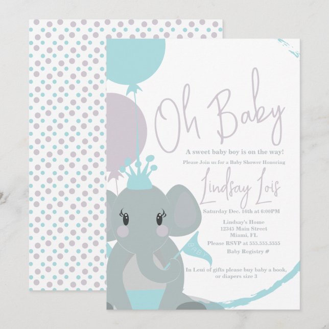 Elefant Babyflicka Ballonger Manus Baby Shower  Inbjudningar (Fram/baksida)