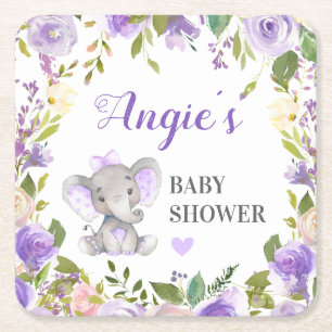 Elefant Babyflicka Shower Lavendel Blommig Glas Underlägg Papper Kvadrat