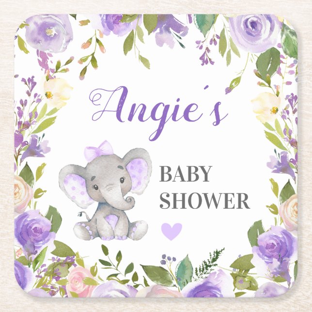 Elefant Babyflicka Shower Lavendel Blommig Glas Underlägg Papper Kvadrat (Framsidan)