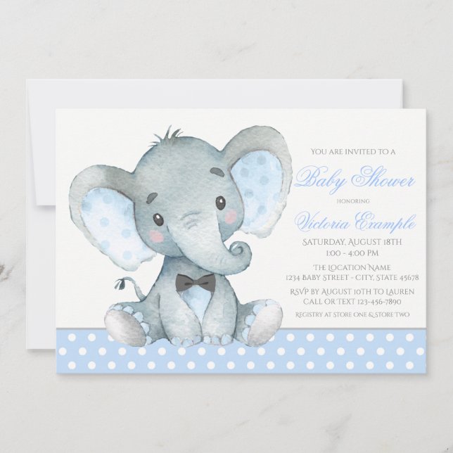 Elefant Babypojke Dop Invitationer Inbjudningar (Framsida)