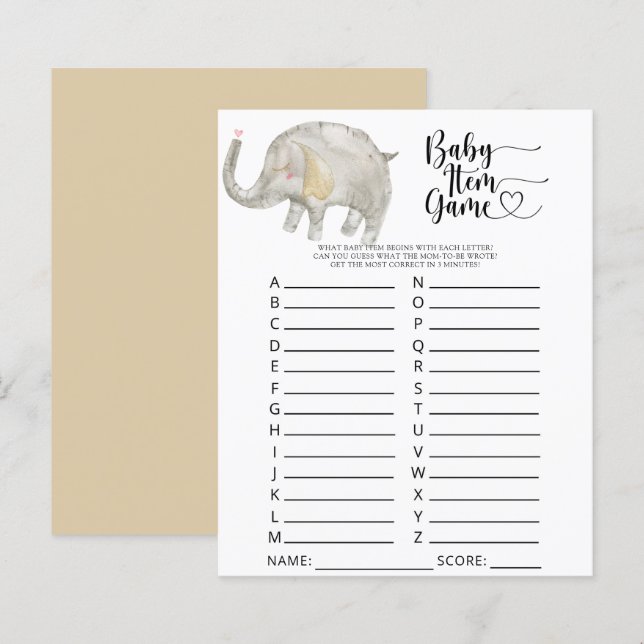 Elefant Babypresent Spel. Baby Shower Spel (Fram/baksida)