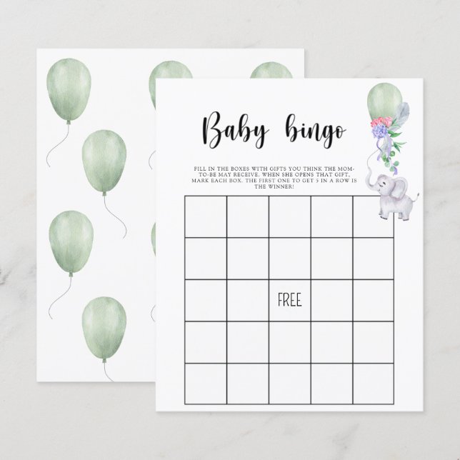 Elefant & ballong - Baby shower bingo spel (Fram/baksida)
