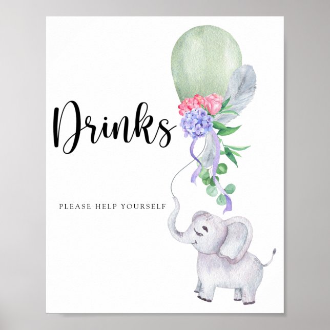 Elefant & Ballong Dricker serverar sig själv Poster (Framsidan)