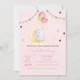 Elefant, Ballonger, Måne, Stjärnor Baby Shower Inbjudningar