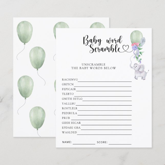 Elefant & Balloon - Skramble Game Baby Ord (Fram/baksida)