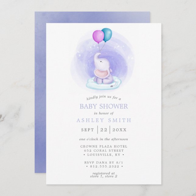 Elefant Balloons Watercolor Whimsical Baby Shower Inbjudningar (Fram/baksida)