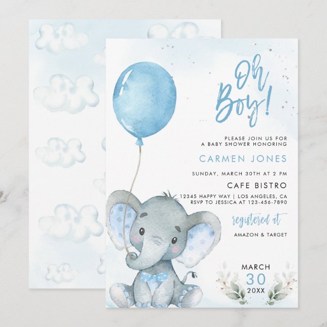 Elefant Bebis Shower Inbjudan med Blå Ballong (Fram/baksida)