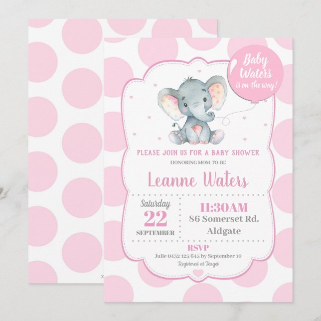 Elefant Bebis Shower Inbjudan Rosa Flicka (Fram/baksida)