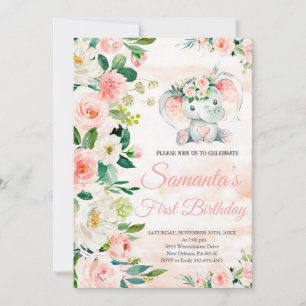 Elefant Birthday, Rosa Blommigt, Safari Birthday Inbjudningar