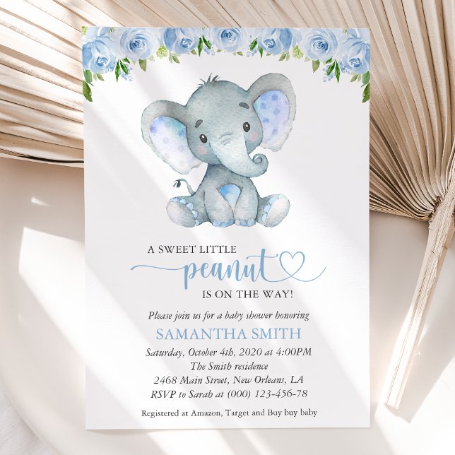 Elefant, Blå Akvarellblommor, Bebis Shower Inbjudningar (Skapare uppladdad)