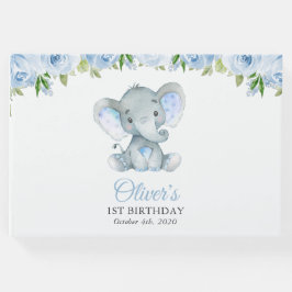 Elefant, Blå Akvarellblommor, Första Födelsedagen Gästböcker