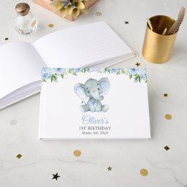 Elefant, Blå Akvarellblommor, Första Födelsedagen Gästböcker