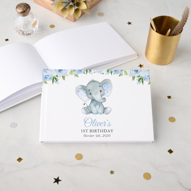 Elefant, Blå Akvarellblommor, Första Födelsedagen Gästböcker (Framsida öppen)