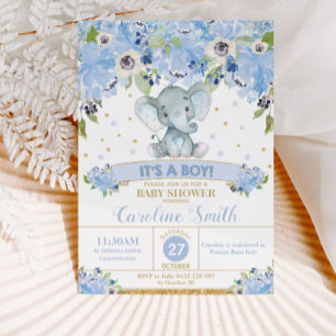 Elefant Blå Blommig Baby Shower Baby Pojke Inbjudningar