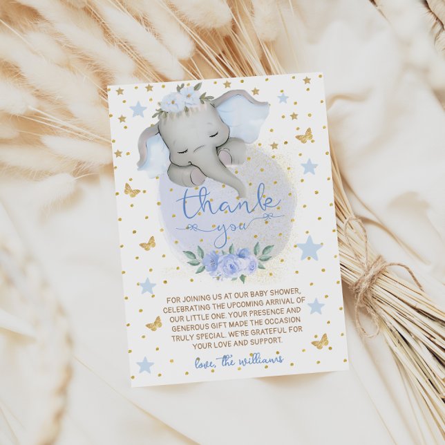 Elefant Blå Blommor Måne Baby Shower Tack Kort (Skapare uppladdad)