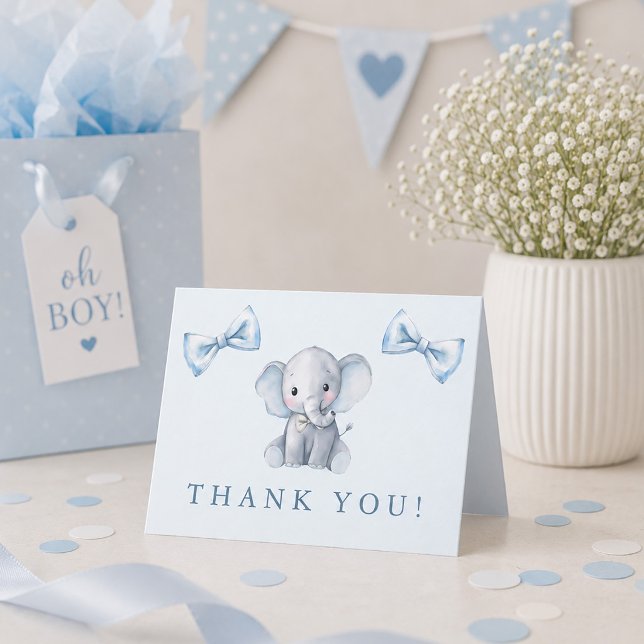 Elefant Blå Flibunk Baby Boy Förlossningsfest Tack Kort (Elephant Blue Bow Tie Baby Boy Shower Letterpress Thank You Card)