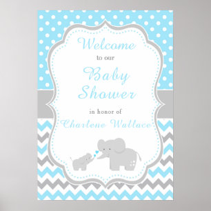 Elefant Blå och Grå Bebis Shower Party Poster