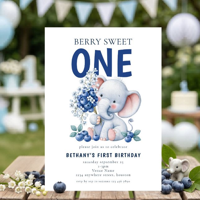 Elefant Blåbär Berry Söt Ett 1-årsdag Inbjudningar (Skapare uppladdad)