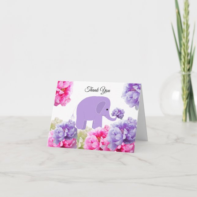 Elefant bland pionblommor Tack Kort (Framsida)