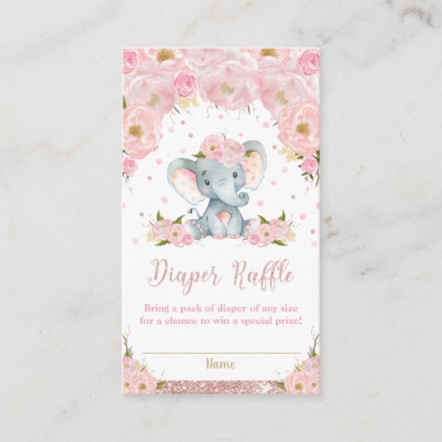 Elefant Blommig Baby Shower Blöja Lotteri Kort (Framsida)