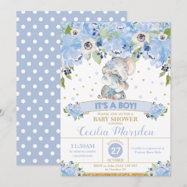 Elefant Blommig Baby Shower Inbjudan Pojke (Fram/baksida)