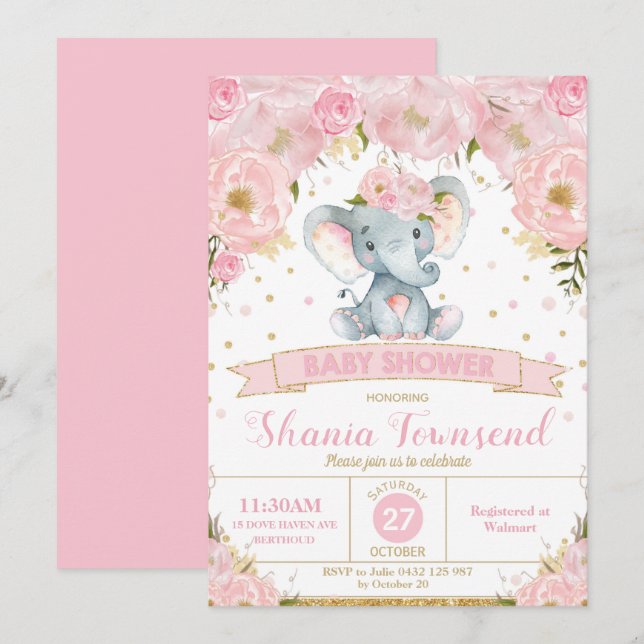 Elefant Blommig Baby Shower Inbjudan Tjej (Fram/baksida)