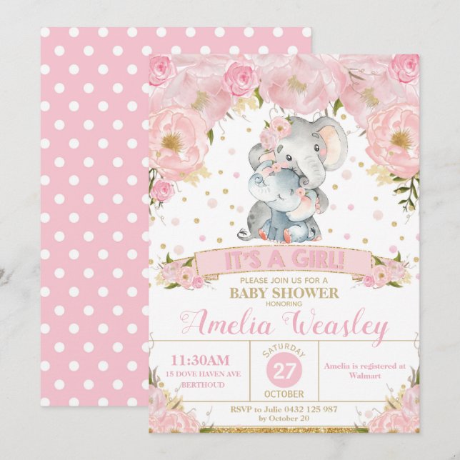 Elefant Blommig Baby Shower Inbjudan Tjej (Fram/baksida)