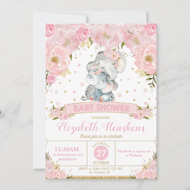 Elefant Blommig Bebis Shower Inbjudan Tjej (Framsida)