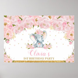 Elefant Blommig Första Födelsedagsfest Bakgrund Ba Poster
