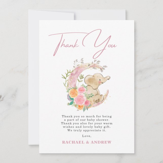 Elefant Blommig Måne Bebis Babyshower Tacksamhetsk Inbjudningar (Framsida)