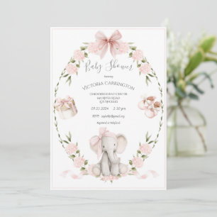 Elefant Blommiga Hortensior Rosa Flickas Babyshowe Inbjudningar