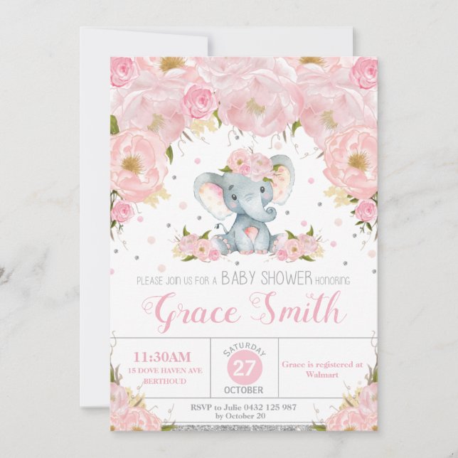 Elefant  Blommigt Baby Shower Silver Glitter Inbjudningar (Framsida)