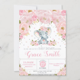 Elefant  Blommigt Baby Shower Silver Glitter Inbjudningar