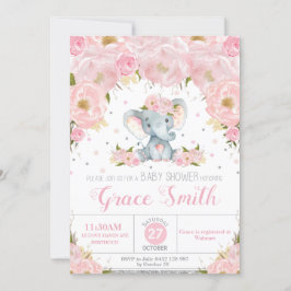 Elefant  Blommigt Baby Shower Silver Glitter Inbjudningar