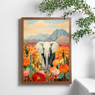 Elefant Blommigt Desert Mountain Colorful Poster