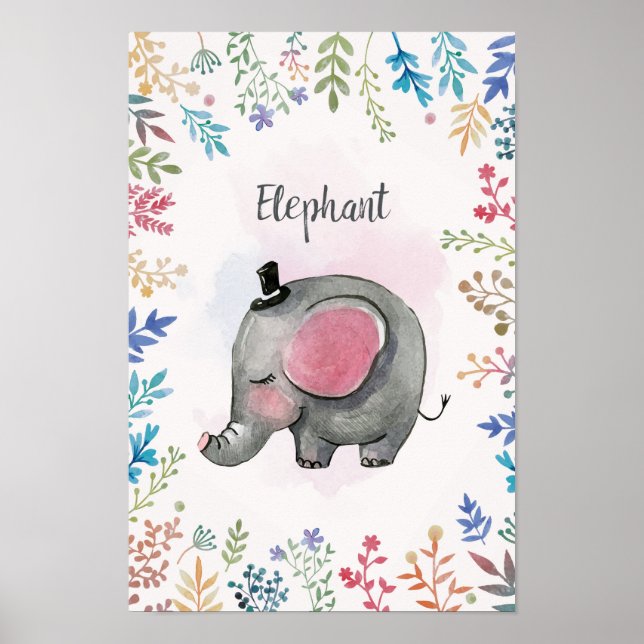 Elefant blommigt ram poster vattenfärg (Framsidan)