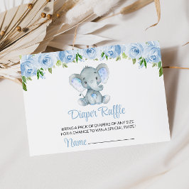 Elefant, Blue Watercolor Flowers, Diaper Raffle Tilläggskort