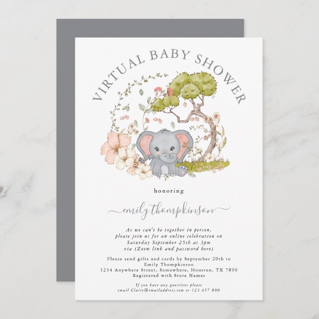 Elefant Djungel Lövverk Grå Virtuell Baby Shower Inbjudningar (Fram/baksida)