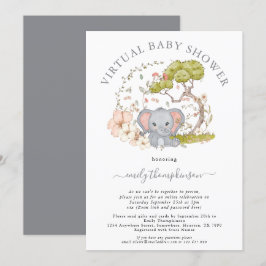 Elefant Djungel Lövverk Grå Virtuell Baby Shower Inbjudningar