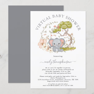 Elefant Djungel Lövverk Grå Virtuell Baby Shower Inbjudningar