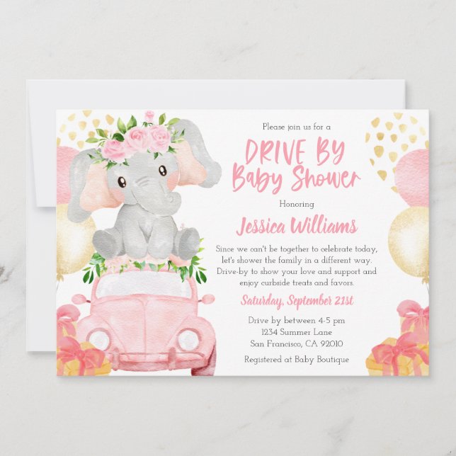 Elefant Drive By Baby Shower Inbjudan (Framsida)