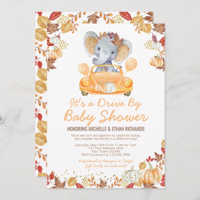 Elefant Drive By Baby Shower Parad Invitation Inbjudningar (Fram/baksida)