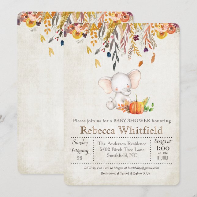 Elefant Fall Pumpa Baby Shower Inbjudan (Fram/baksida)