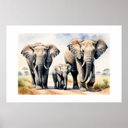 Elefant Familj Akvarell Vilda Djur Konst Poster