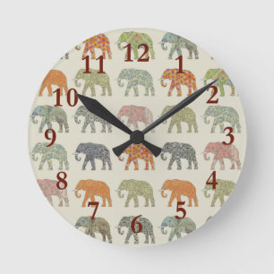 Elefant Färgrik Djurmönster Modern Rund Klocka