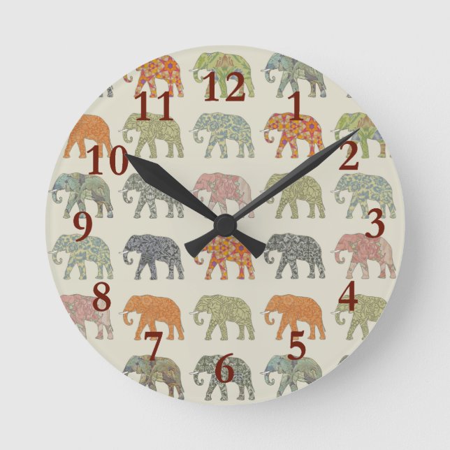 Elefant Färgrik Djurmönster Modern Rund Klocka (Framsida)