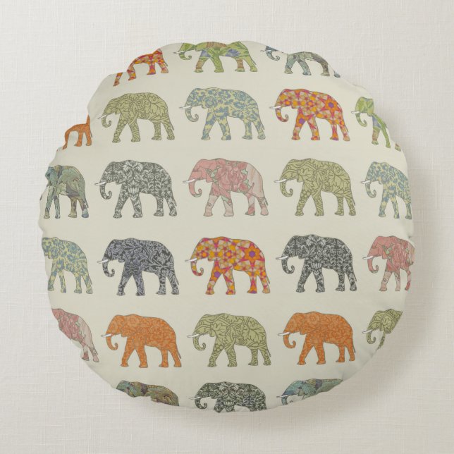 Elefant Färgrik Djurmönster Modern Rund Kudde (Framsidan)