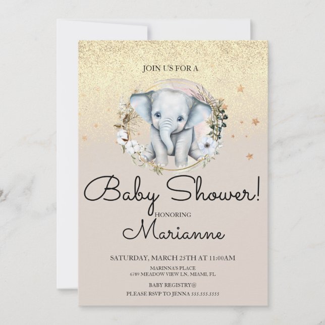 Elefant Flicka Pojke Baby Shower Falskt Guld Glitt Inbjudningar (Framsida)