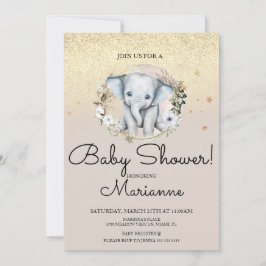 Elefant Flicka Pojke Baby Shower Falskt Guld Glitt Inbjudningar