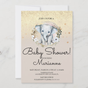Elefant Flicka Pojke Baby Shower Falskt Guld Glitt Inbjudningar